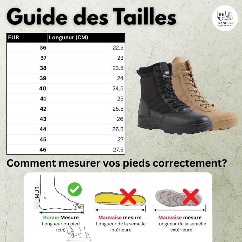 Guide des tailles pour bottes style rangers pour femme UrbanRider FZ1, avec tableau des tailles européennes et équivalences en centimètres, aperçu du modèle et schéma expliquant comment mesurer son pied correctement