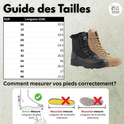 Guide des tailles pour bottes style rangers pour femme UrbanRider FZ1, avec tableau des tailles européennes et équivalences en centimètres, aperçu du modèle et schéma expliquant comment mesurer son pied correctement