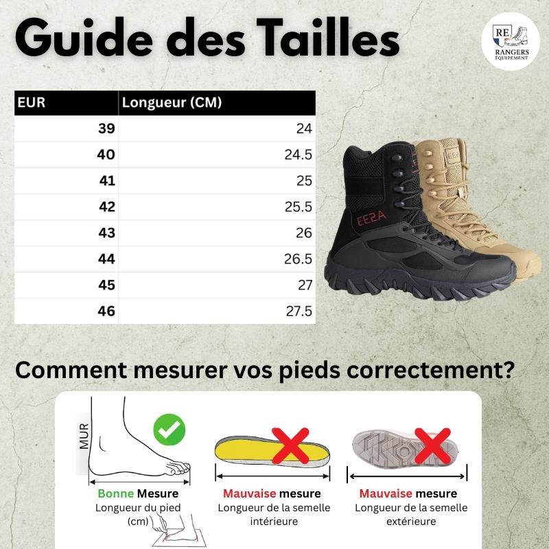Tableau des tailles pour la chaussure militaire Rangers Nouvelle Génération NextForce 6671, avec conversion des pointures européennes en centimètres, aperçu du modèle et schéma expliquant comment mesurer son pied