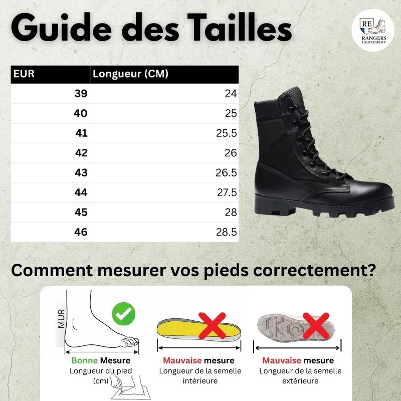 Guide des tailles pour la chaussure rangers homme ShadowForce V3, avec tableau des pointures européennes et équivalences en centimètres, visuel du modèle et schéma pour apprendre à mesurer son pied avec précision