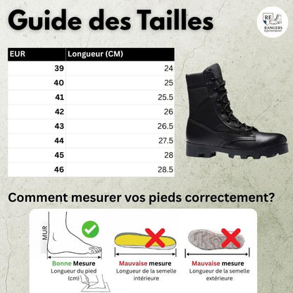 Guide des tailles pour la chaussure rangers homme ShadowForce V3, avec tableau des pointures européennes et équivalences en centimètres, visuel du modèle et schéma pour apprendre à mesurer son pied avec précision