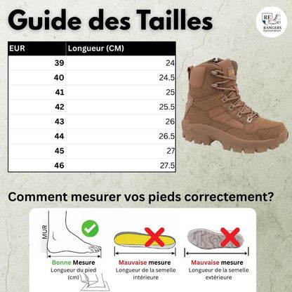 Guide des tailles pour les chaussures de combat tactiques DesertForce B23, avec tableau des tailles EU et longueurs en centimètres, visuel du modèle et schéma détaillé pour apprendre à mesurer son pied correctement