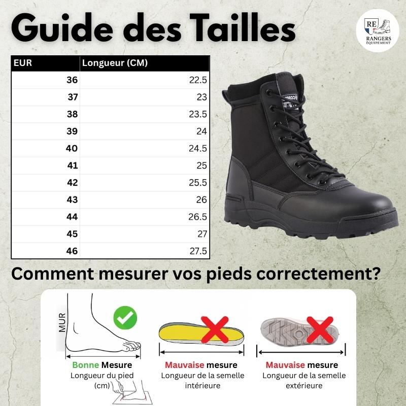 Guide des tailles pour les chaussures d’intervention homme TacticalField V9, incluant un tableau des pointures européennes avec correspondance en centimètres, un aperçu du modèle et un schéma expliquant comment mesurer la longueur du pied