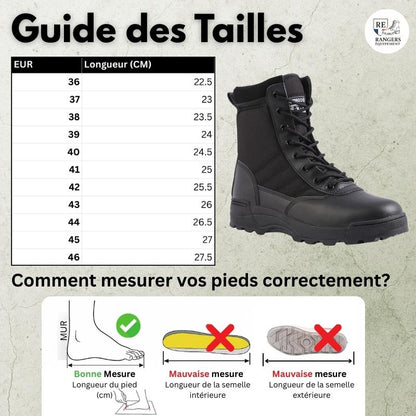 Guide des tailles pour les chaussures d’intervention homme TacticalField V9, incluant un tableau des pointures européennes avec correspondance en centimètres, un aperçu du modèle et un schéma expliquant comment mesurer la longueur du pied