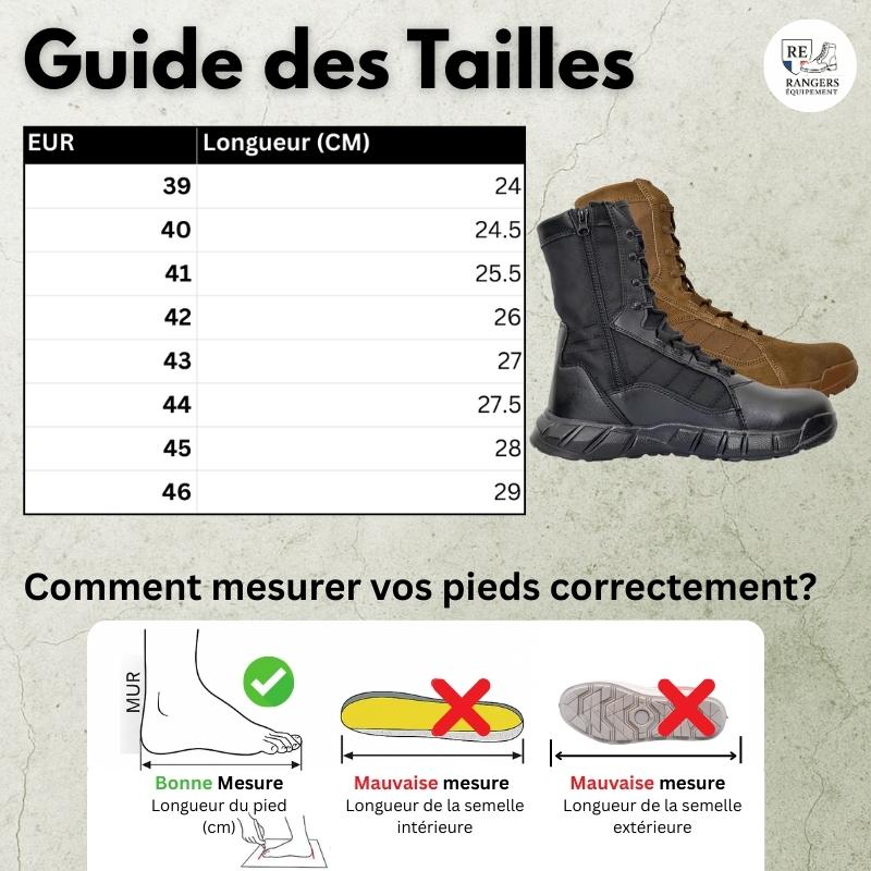 Guide des tailles pour les chaussures rangers en cuir pour femme HardLeather W21, avec tableau des pointures européennes et mesures en centimètres, aperçu du modèle et schéma expliquant comment bien mesurer son pied