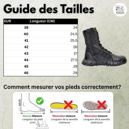 Guide des tailles pour les chaussures rangers en cuir pour homme HardLeather 21, avec tableau de conversion des tailles européennes en centimètres, aperçu du modèle et schéma illustrant la méthode de mesure du pied