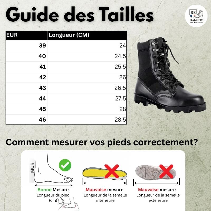Guide des tailles pour les nouvelles rangers de l’armée française PatrolForce V1, avec tableau de conversion des tailles EU en cm, aperçu du modèle et schéma explicatif pour bien mesurer son pied
