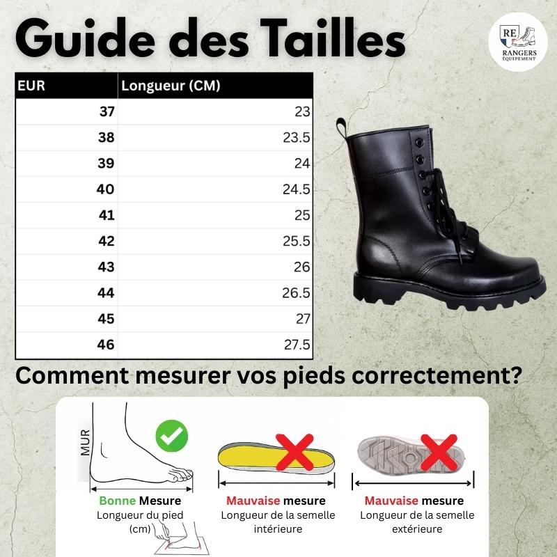 Guide des tailles des rangers et chaussures de l’armée française WinterGuard V2, avec tableau des pointures européennes et équivalents en centimètres, aperçu du modèle et schéma illustrant comment mesurer son pied