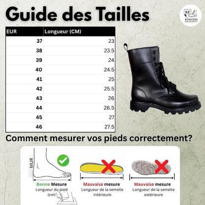 Guide des tailles des rangers et chaussures de l’armée française WinterGuard V2, avec tableau des pointures européennes et équivalents en centimètres, aperçu du modèle et schéma illustrant comment mesurer son pied