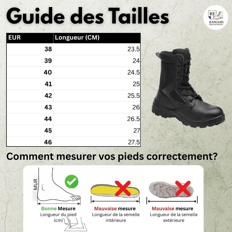Guide des tailles pour rangers coquées TacticalGuard 8265, avec tableau des tailles européennes et correspondances en centimètres, visuel du modèle renforcé et schéma expliquant comment bien mesurer son pied