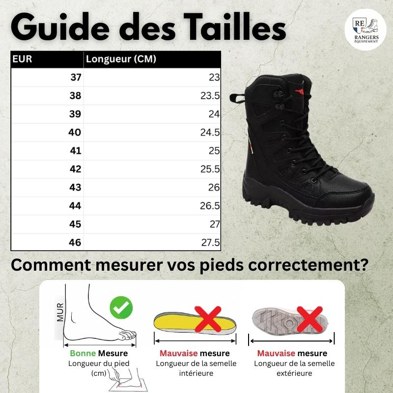 Guide des tailles pour rangers homme militaire Sentinel S208, incluant un tableau des pointures européennes avec équivalents en centimètres, un aperçu visuel du modèle et un schéma montrant comment mesurer la longueur du pied