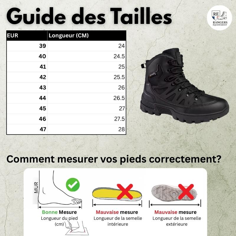 Guide des tailles pour rangers homme noires type bottes montantes tactiques, avec tableau de conversion des pointures européennes en centimètres, aperçu du modèle et schéma montrant comment mesurer la longueur du pied