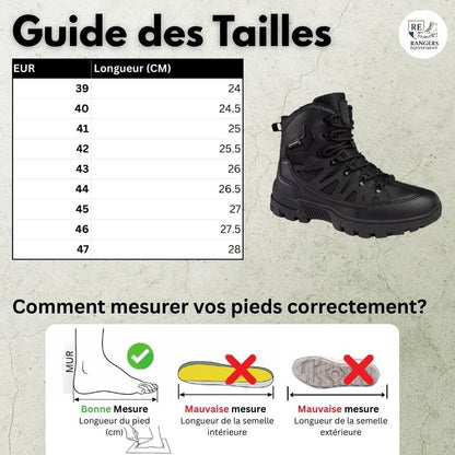 Guide des tailles pour rangers homme noires type bottes montantes tactiques, avec tableau de conversion des pointures européennes en centimètres, aperçu du modèle et schéma montrant comment mesurer la longueur du pied