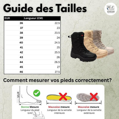 Guide des tailles pour rangers militaire femme Valkyria S208, avec tableau des tailles européennes et mesures en centimètres, aperçu du modèle et schéma explicatif pour apprendre à mesurer correctement son pied
