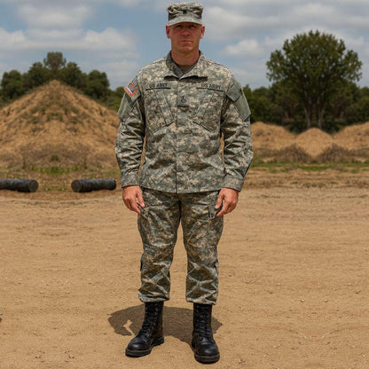 Soldat américain portant des chaussures rangers noires de l’armée, en tenue tactique complète, illustrant leur usage en milieu opérationnel