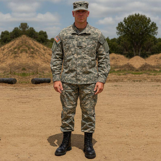Soldat américain portant des chaussures rangers noires de l’armée, en tenue tactique complète, illustrant leur usage en milieu opérationnel