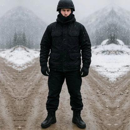 Homme habillé en noir portant des bottes rangers noires dans un environnement enneigé, illustrant leur résistance aux conditions hivernales extrêmes