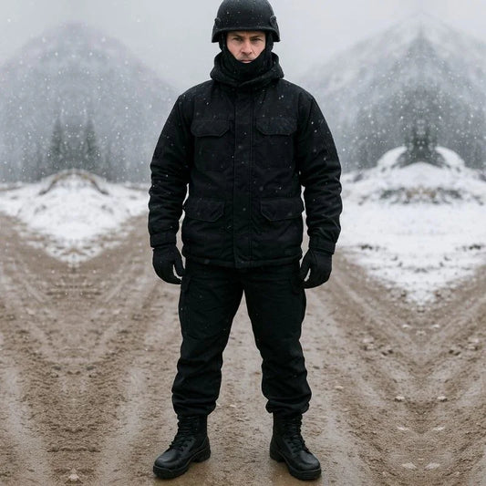 Homme habillé en noir portant des bottes rangers noires dans un environnement enneigé, illustrant leur résistance aux conditions hivernales extrêmes