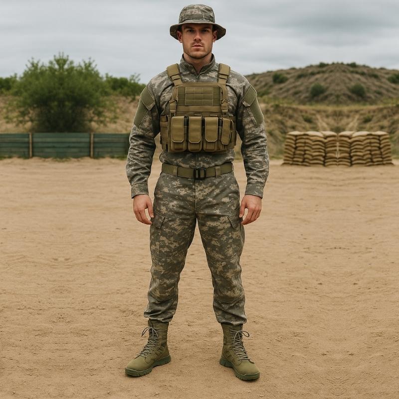 Homme en tenue militaire avec gilet pare-balles portant des chaussures rangers commando vertes dans un camp d'entraînement en terrain sec