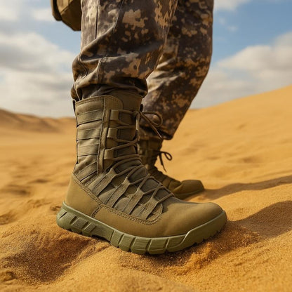 Homme en tenue militaire mettant en avant une paire de rangers commando vertes dans un désert sableux, illustrant leur résistance aux environnements arides