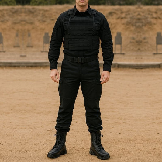 Homme en tenue tactique portant des chaussures rangers Sentinel dans un camp d'entraînement sableux, avec des cibles en arrière-plan