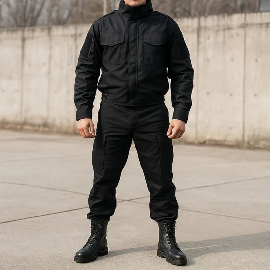 Homme habillé tout en noir portant des rangers chaussures de combat sur un sol en béton, illustrant leur usage en milieu urbain tactique
