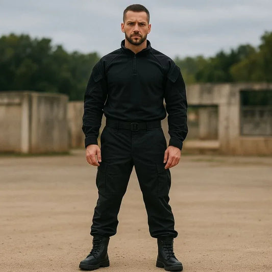 Homme en tenue tactique noire dans une zone d’entraînement militaire, portant des rangers coquées robustes adaptées aux conditions extrêmes