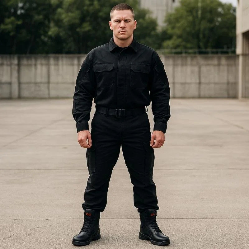 Homme en tenue de travail portant des rangers de sécurité avec coque en acier dans un parking vide extérieur, illustrant leur usage en environnement urbain