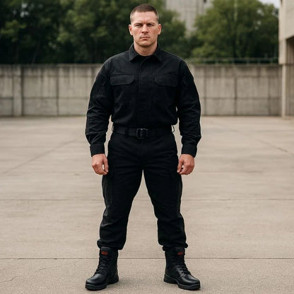 Homme en tenue de travail portant des rangers de sécurité avec coque en acier dans un parking vide extérieur, illustrant leur usage en environnement urbain