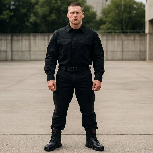 Homme en tenue de travail portant des rangers de sécurité avec coque en acier dans un parking vide extérieur, illustrant leur usage en environnement urbain