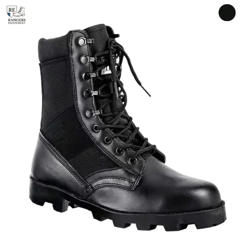Nouvelle rangers noire de l’armée française avec lacets hauts et semelle crantée, idéale pour les missions militaires