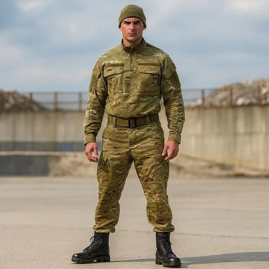 Soldat en uniforme camouflage portant les nouvelles rangers de l’armée française noires à lacets, debout sur une base militaire