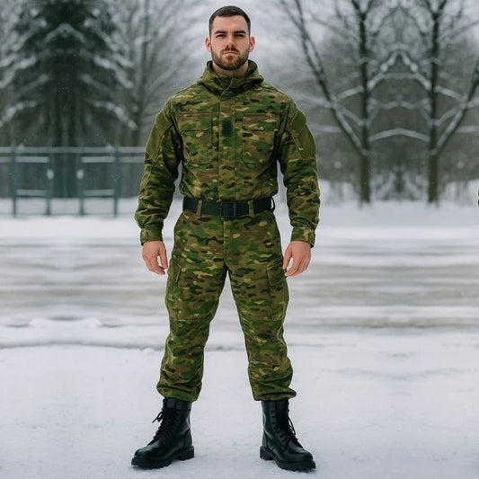 Soldat en tenue de combat hivernale de l’armée française portant des rangers noires sur terrain enneigé