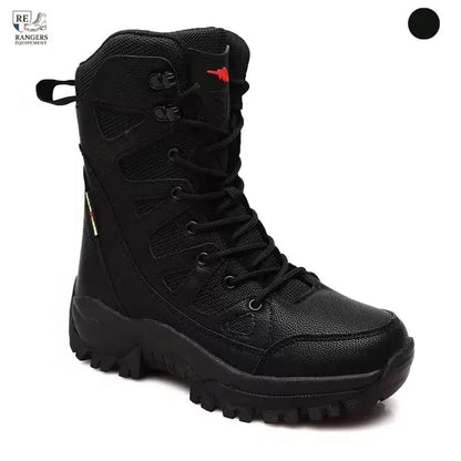 Vue latérale de rangers homme militaire noires avec tige montante, laçage renforcé et semelle robuste adaptée aux environnements tactiques