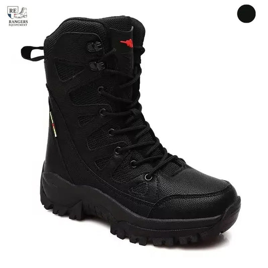 Vue latérale de rangers homme militaire noires avec tige montante, laçage renforcé et semelle robuste adaptée aux environnements tactiques