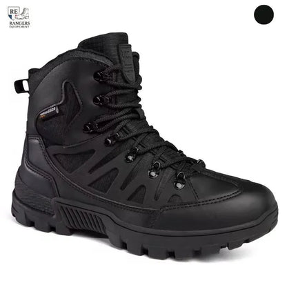 Bottes tactiques montantes pour homme en cuir noir avec semelle renforcée et œillets métalliques robustes