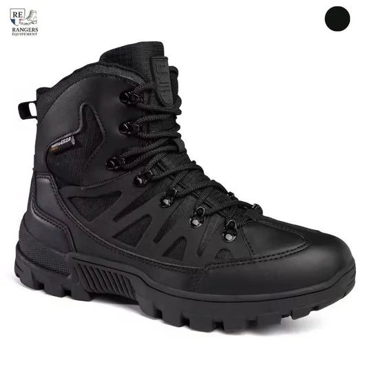 Bottes tactiques montantes pour homme en cuir noir avec semelle renforcée et œillets métalliques robustes