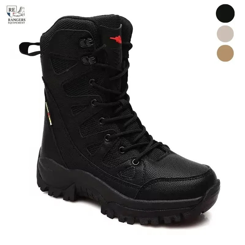 Vue latérale de rangers militaire pour femme en cuir noir avec tige montante, laçage renforcé et semelle crantée adaptée aux terrains exigeants