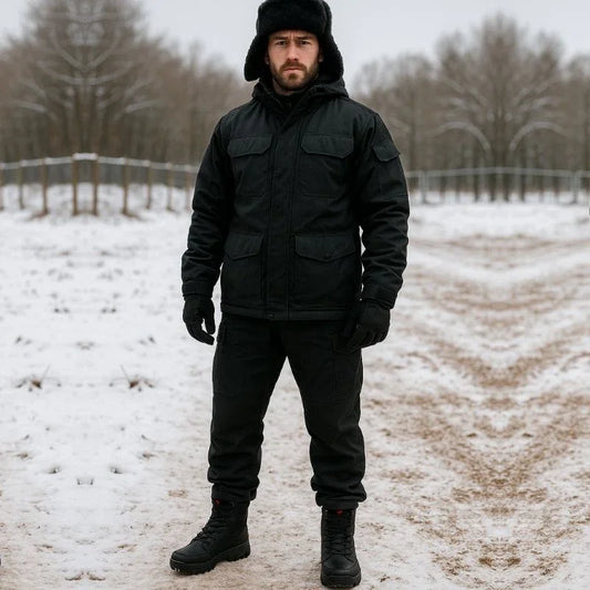 Homme en tenue d’hiver portant des rangers homme militaires dans un sol boueux recouvert de neige, illustrant leur résistance aux conditions extrêmes