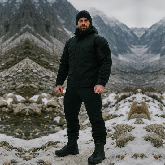 Homme portant des rangers militaires tactiques noires en montagne enneigée