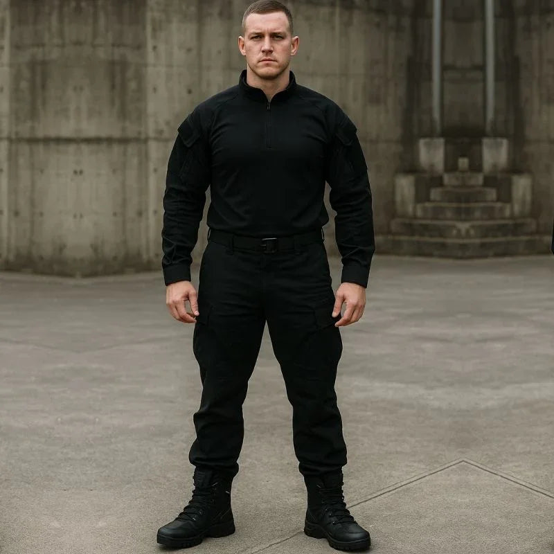 Homme en tenue tactique noire debout dans un environnement urbain, portant des bottes rangers montantes pour missions ou entraînement intensif